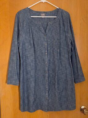J Jill Button Up Shirt Tunic Midi Dress Womens M Petite Chambray Blue Coastal